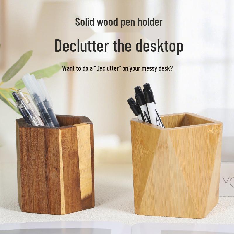 Wooden Rhombus Pen Holder - Creative Solid Wood Desk Organizer for Stationery and Makeup Storage