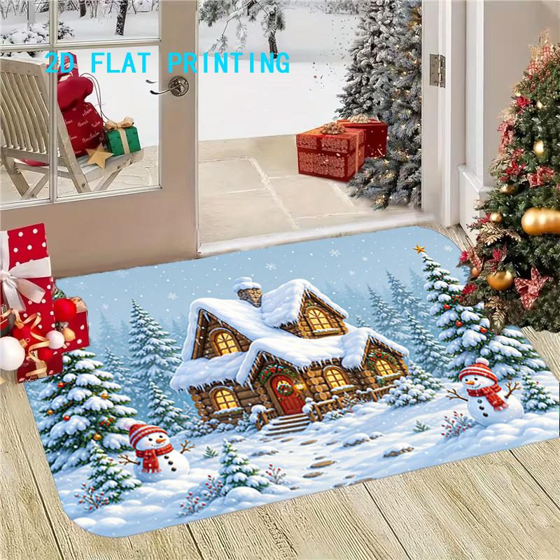 1pc Christmas‑Snow‑Cabin Print Welcome Doormat,Colorful Non‑Slip Washable Indoor Floor Mat for Entryway, Hall, Bathroom, Balcony