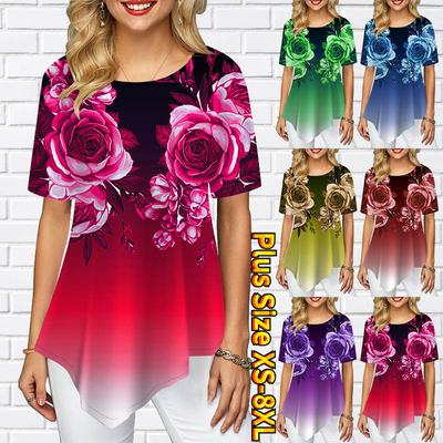 Frauen Plus Größe Damen T-shirts Zwei Blumensträuße von Rosen Drucken Lose Beiläufige Tops Weibliche Unregelmäßige Sommer Kleidung