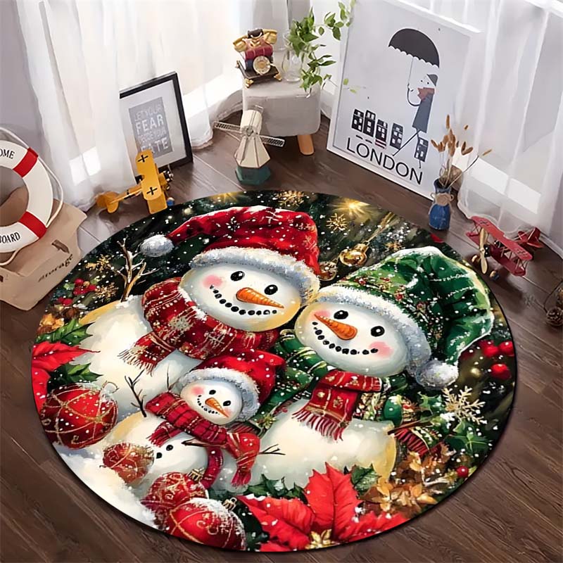Christmas Round Rug, Santa Claus Train Gift Gingerbread Print Non Slip Floor Mat for Living Room Bedroom Home Decor