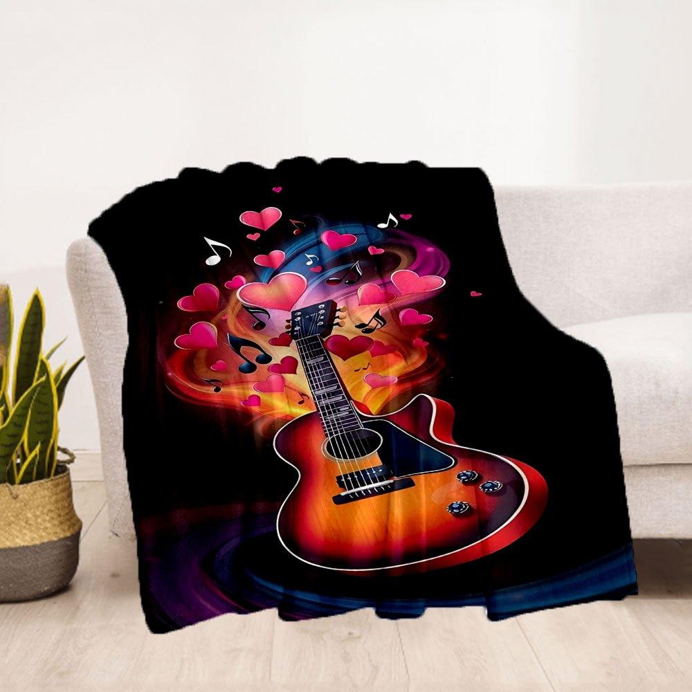 Love Music Guitar Art Print PosterBlanket Flannel Throw Blanket for Sofa, Bed, Travel, Camping, Office