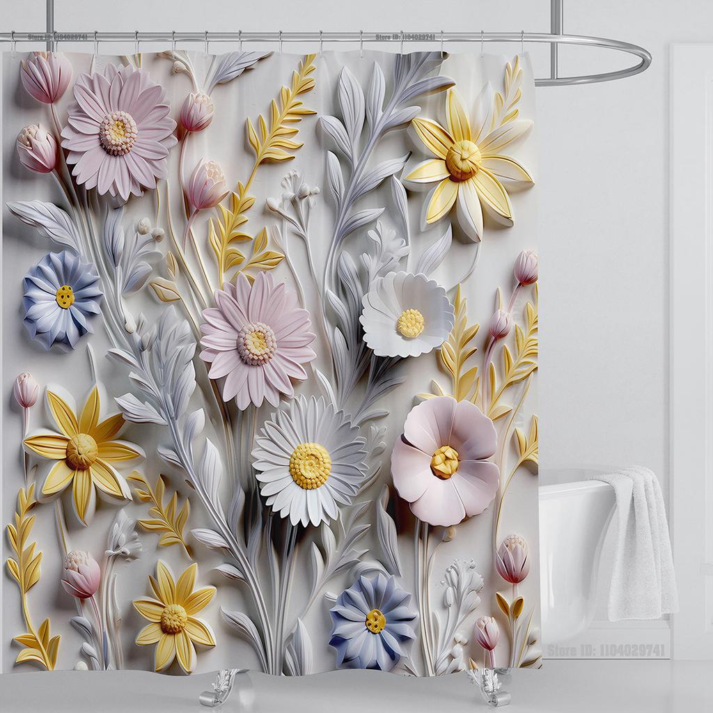 3D Floral Shower Curtain Set Orange Flower Design Fabric Bathroom Decor Waterproof Washable Shower Curtain Set with Hooks