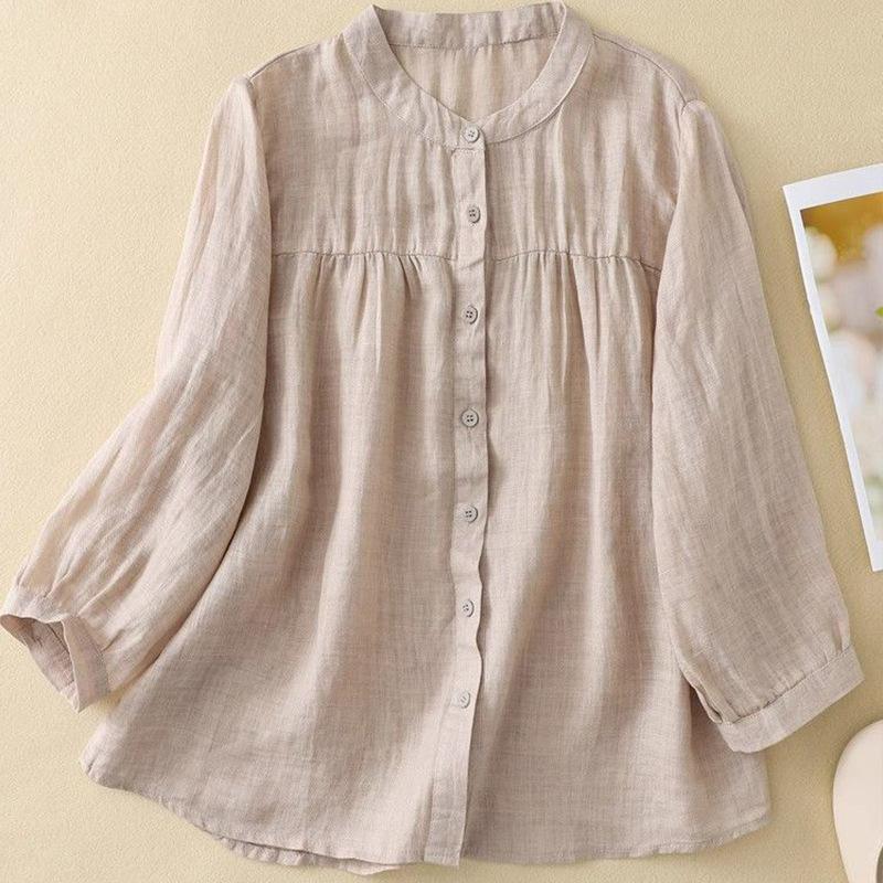 Ethnic style cotton and linen seven-quarter-sleeved shirt women's spring summer loose and thin casual cotton and linen cardigan top