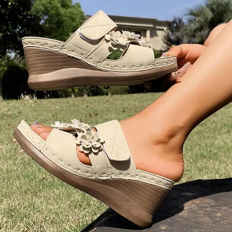 Women's Retro Flower Decor Wedges Sandals Plus Size Comfort Non Slip Beach Slippers Thick Sole Chunky Platform Roman Sandals
