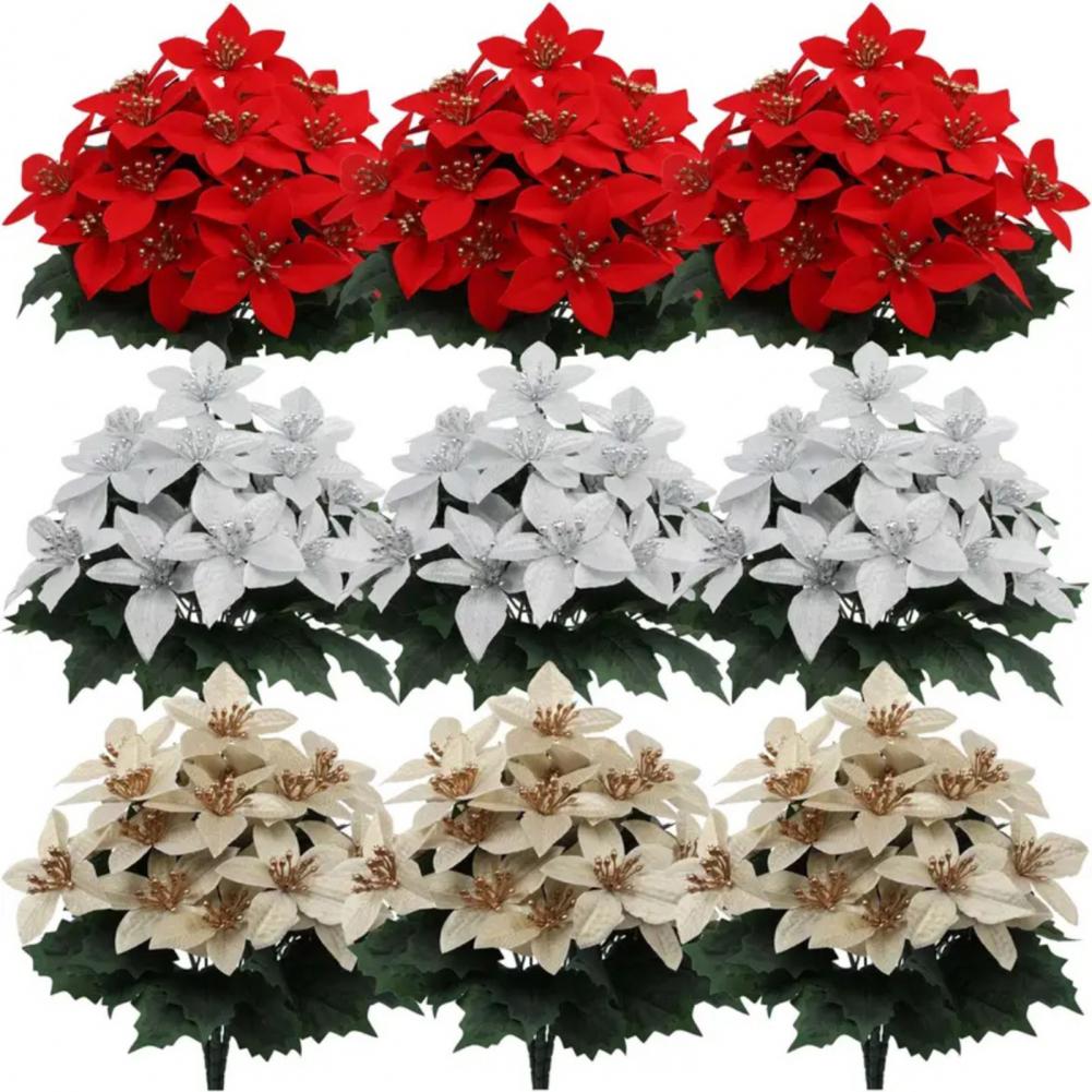 4 Fork Simulated Flowers Simulation Flowers Decor Elegant Artificial Poinsettia Bouquet with Green Leaves Uv Resistant for Home