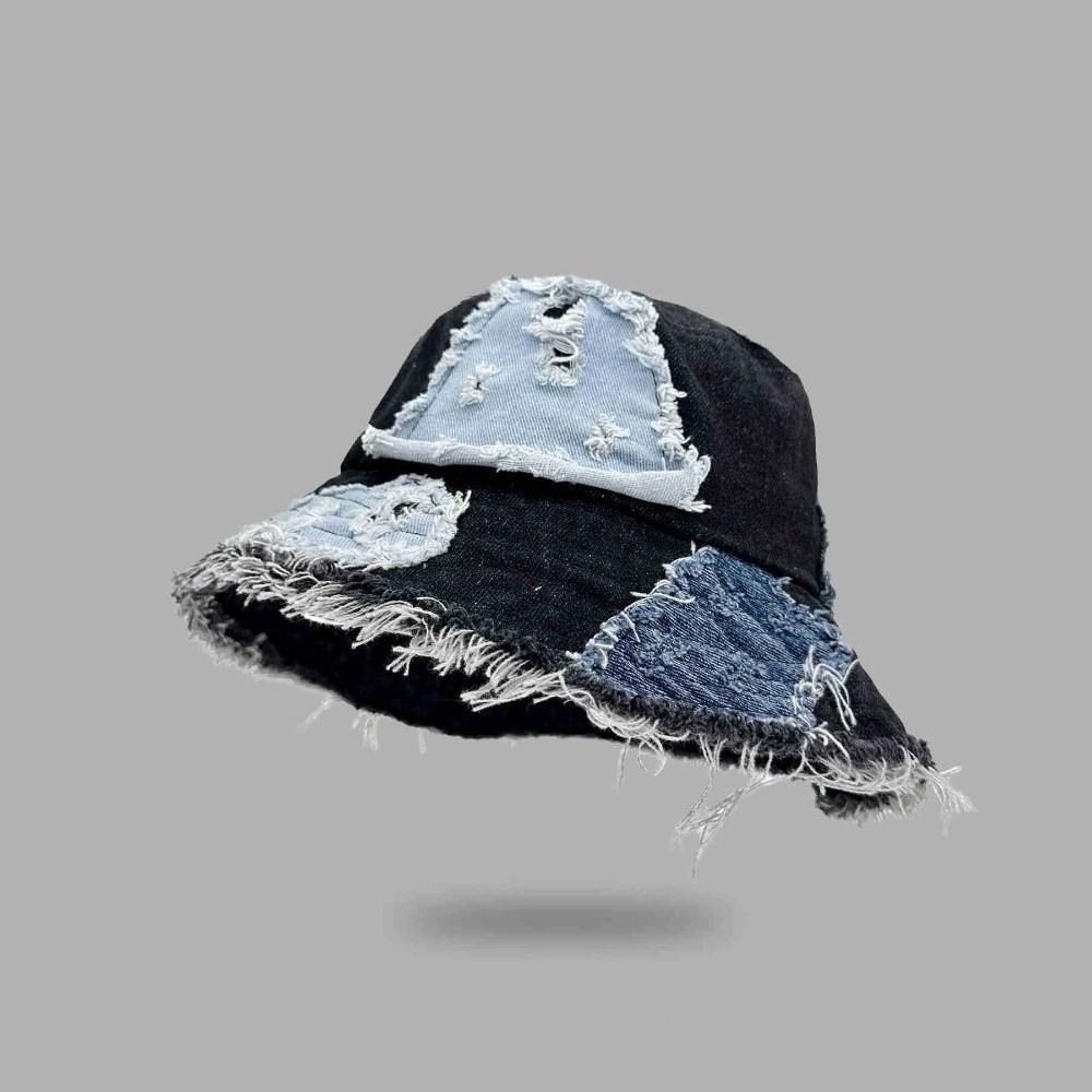 Beggar Style Retro Fisherman Hat Patched Sun Protection Basin Cap Fashion Denim Bucket Hat  Women