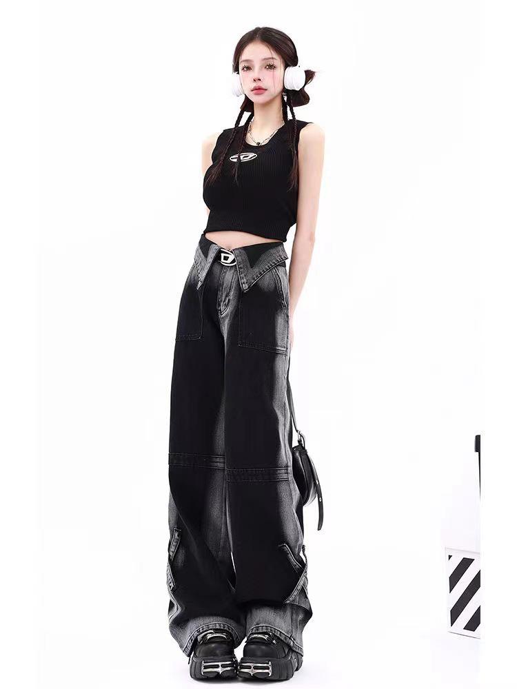 

2024 Американские Тяжелые Джинсы Широкого Кроя: Высококачественная строчка со свободным драпирующимся кроем M чёрный