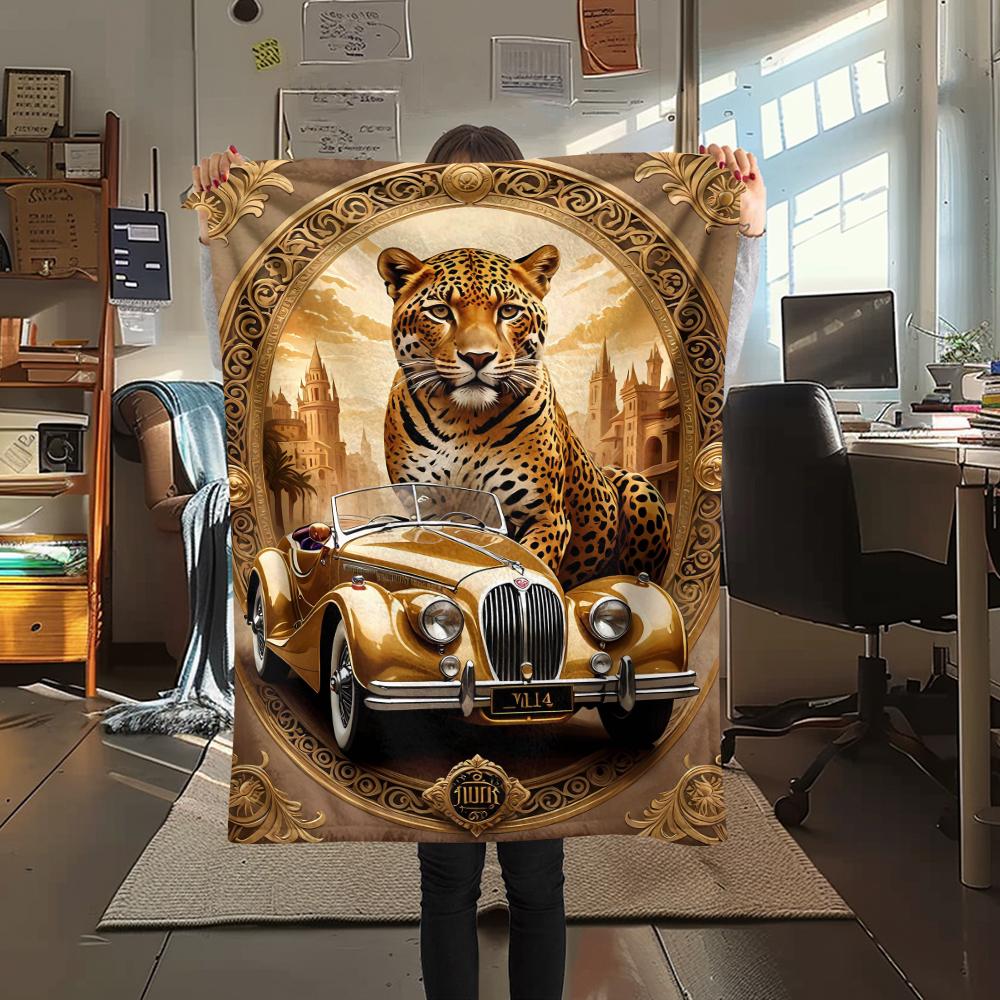 1Pc Leopard and Car Print Flannel Blanket, High Quality Comfortable for All Seasons, Home Decor, Warmth and Comfort, Perfect for Gifts
