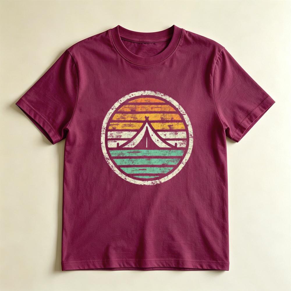 Vintage Retro Sunset Camper Badge Tee Distressed Striped Camping Tent Outdoor Graphic TShirt Unisex Unisex Summer Cotton Tops S