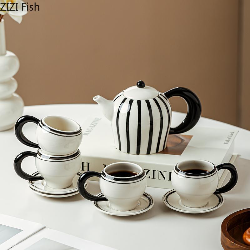 Black and White Striped Mugs Porcelain Cup&saucer Teapot Set Coffee Mug Dining Table Afternoon Tea Teacup Fruits Juice Cup