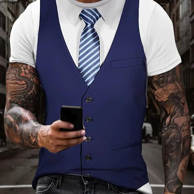 Camiseta de Manga Curta Lisa com Estampa de Terno e Gravata para Roupas Masculinas High Street Streetwear Tops Moda Camisetas Masculinas Estampa 3D