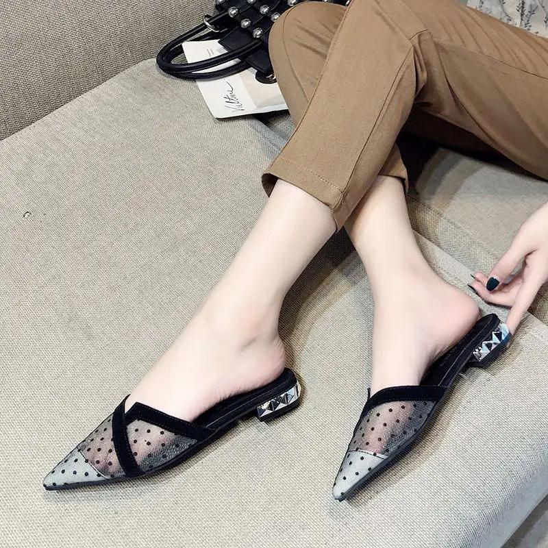 Fashion Mesh Woman Slippers Polka Dots Shoes for Women Korea Style Stylish Slides Top Designs H Sandal Summer Footwear 39 Casual Sandals