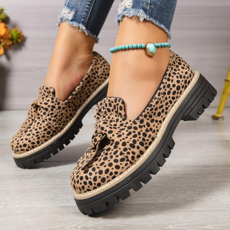 Women's Wide Width Leopard Print Loafers, Bow Detail Platform Slip-Ons, Fashion Flat Shoes Wholesale for Women