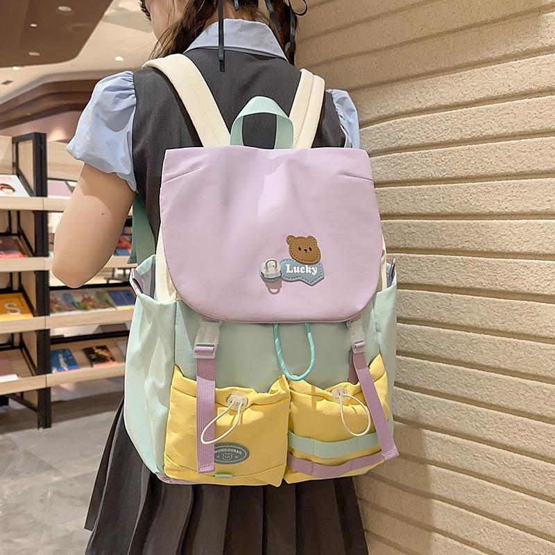 Schoolbag dopamine contrasting color junior high school schoolbag female retro flip college style backpack cute small fresh backpack