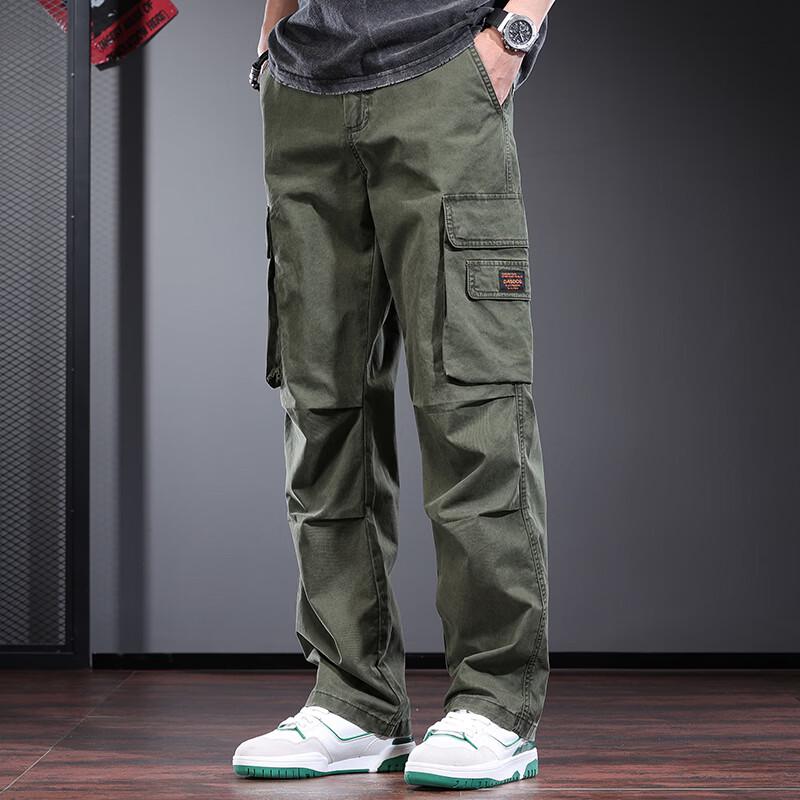 Jie Leinuo Men's Casual Multi-Pocket Loose Straight Leg Cargo Pants