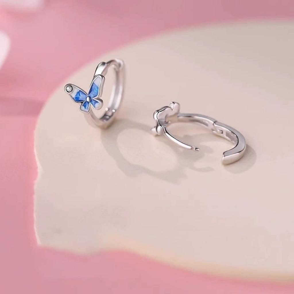 Crystal White Blue Enamel Butterfly Animal Hoop Earrings For Women Vintage Silver Color Wedding Jewelry