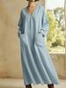 European Spring 2026 V-Neck Casual Solid Long Sleeve Cotton Linen Dress