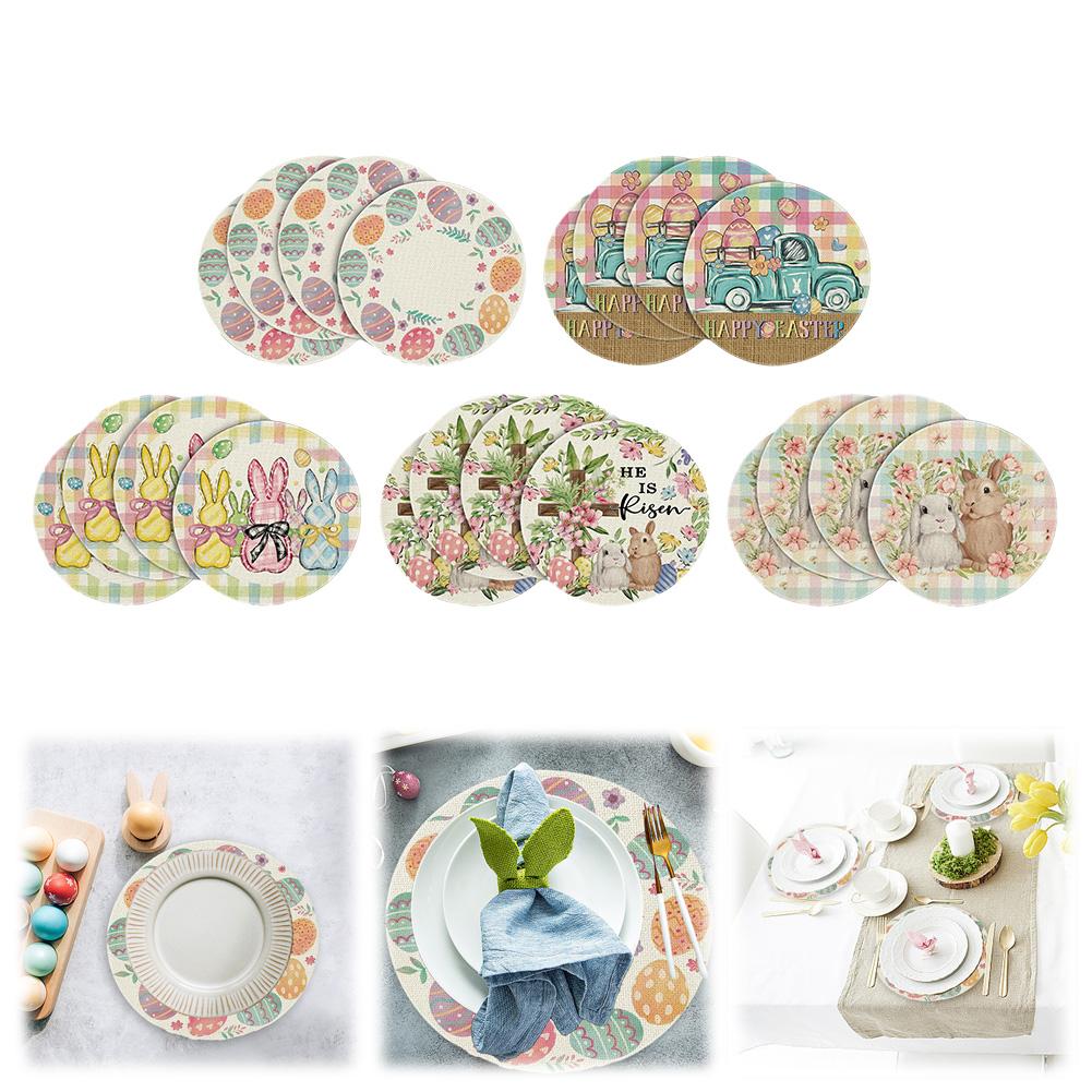 4 PCS/Set Easter Round Placemats Linen Spring Farmhouse Round Table Mats Easter Placemats for Easter Party Dining Decoration