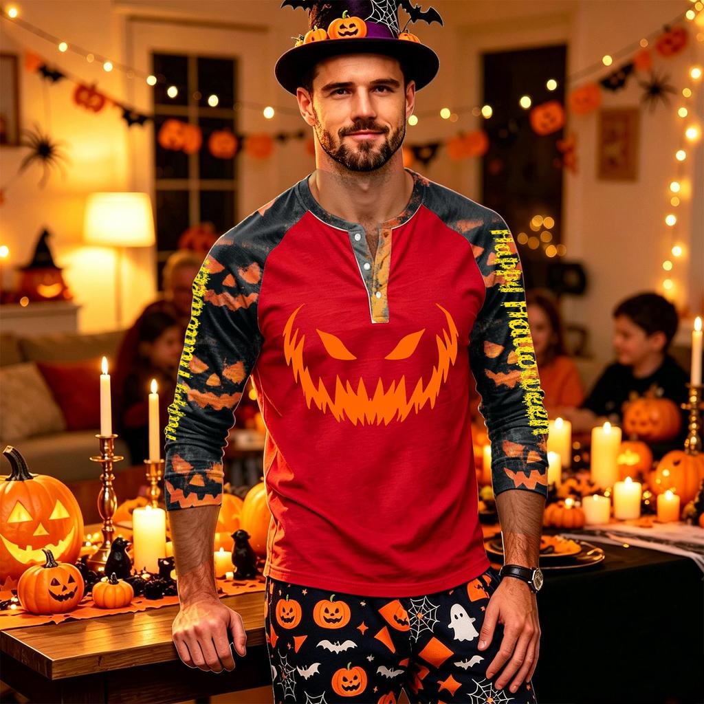 Men's Long Sleeve Shirt with Halloween Print for Holiday Parties and Casual Wear