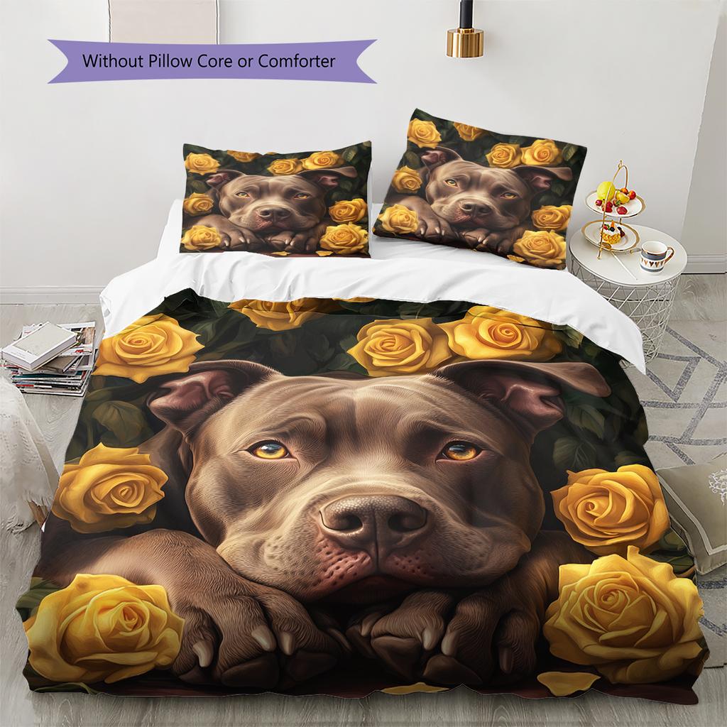 Pitbull and roses Pattern Bedding Home Decoration Birthday Gift (1 * duvet cover + 2 * pillowcase, without core)