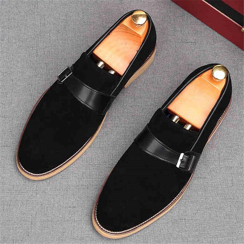 Fashion Fashion New Men's Pointed Genuine Leather Flats Monk Strap Shoes Brown Yellow Designer Male Homecoming Wedding Dress Footwear