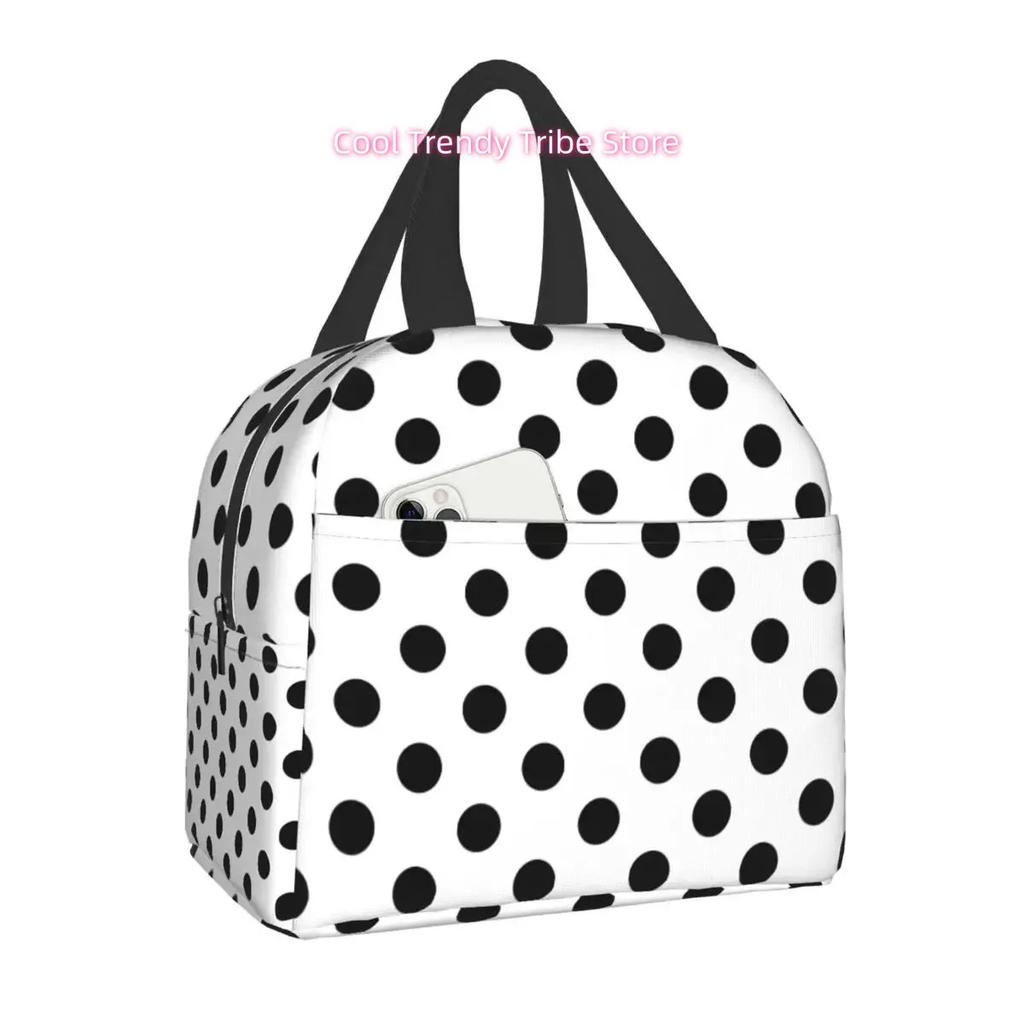 Black and White Polka Dots Lunch for Women | Portable Insulated Thermal Cooler Lunch Box Work School Travel Picnic Bags, Oxford
