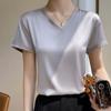 Silk T-shirt for Women Spring and Summer Short Loose V-neck Solid Colour Texture Simple Inner Short-sleeved Top
