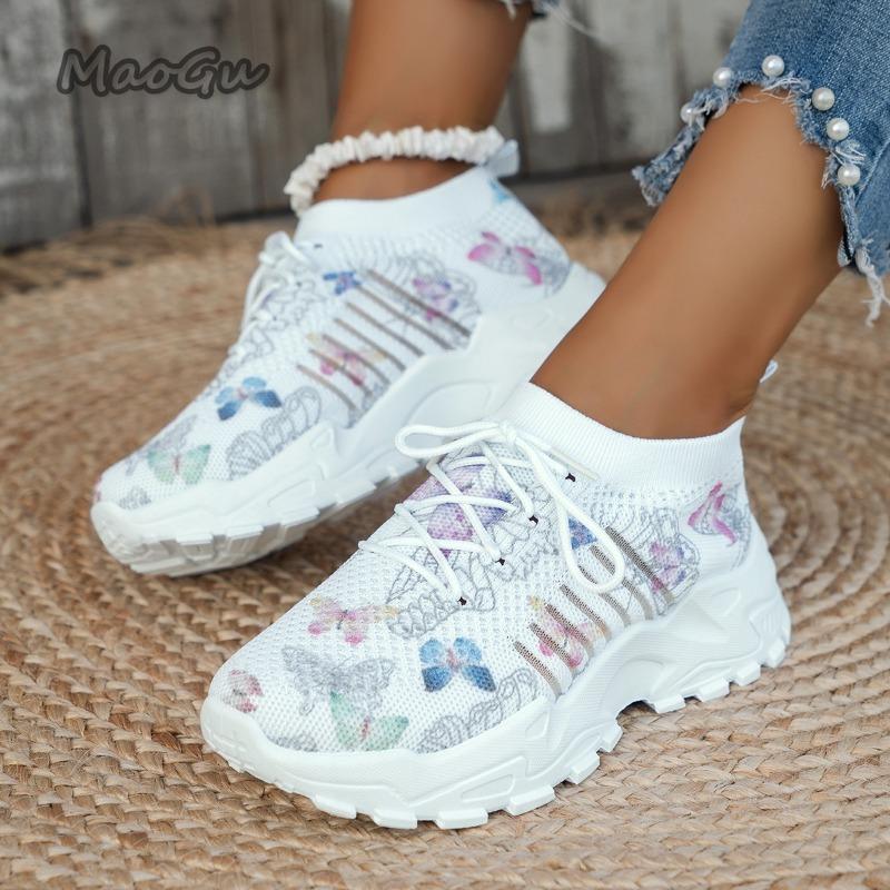 Women's Casual Shoes 2025 Butterfly Print White Sneakers Summer Outwear Breathable Mesh Shoes Zapatillas De Mujer Size 36 43
