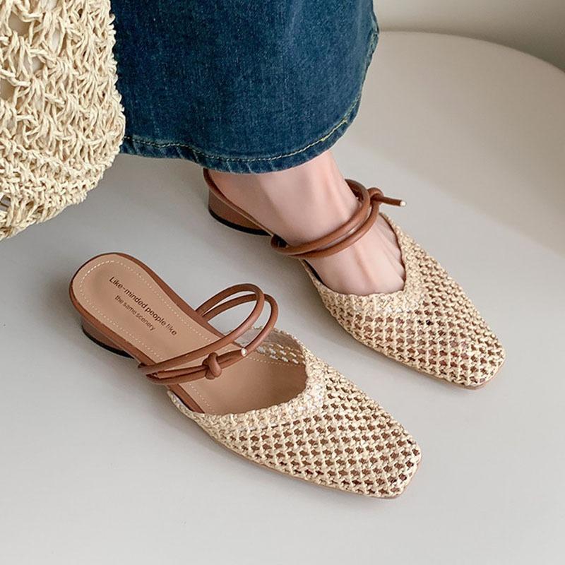 New Weave Women Mid Heels Slippers Summer 2025 Fashion Trend Chunky Pumps Pump Mesh Breathable Flip Flops Slides Women Slippers
