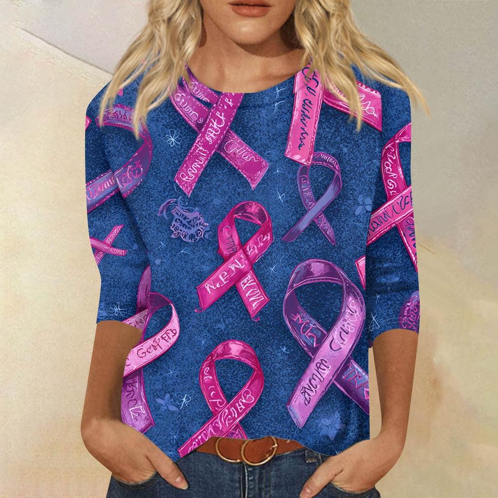 Women's Fashion Casual Seven Split Sleeve Printed Loose Round Neck Top