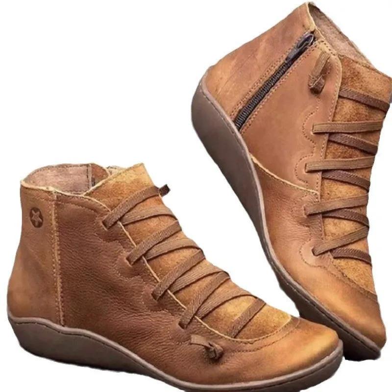 Women Boots Plus Size 35-43 Autumn Winter Ankle Flat Shoes Short Boots Lace Up Warm Retro Booties Mujer Botas Non-slip Shoes