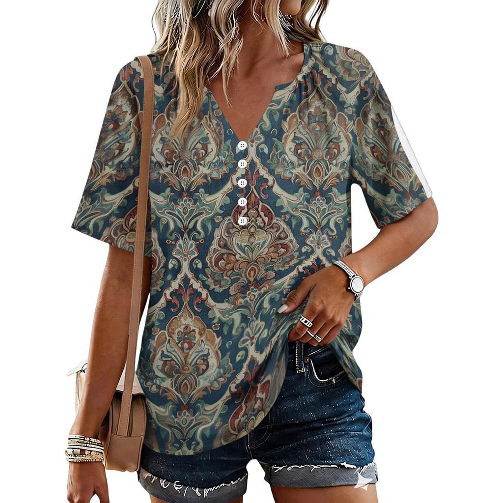 Women's Fashionable Casual Floral Print Button V-neck Short-sleeved Top