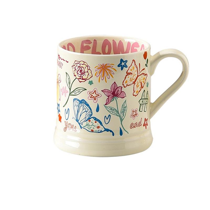370ml French Flower Printed Mugs Creative Coffee Mug Drink Breakfast Milk Juice Cup Cute Graffiti Home Water Cup Drinkware Gifts