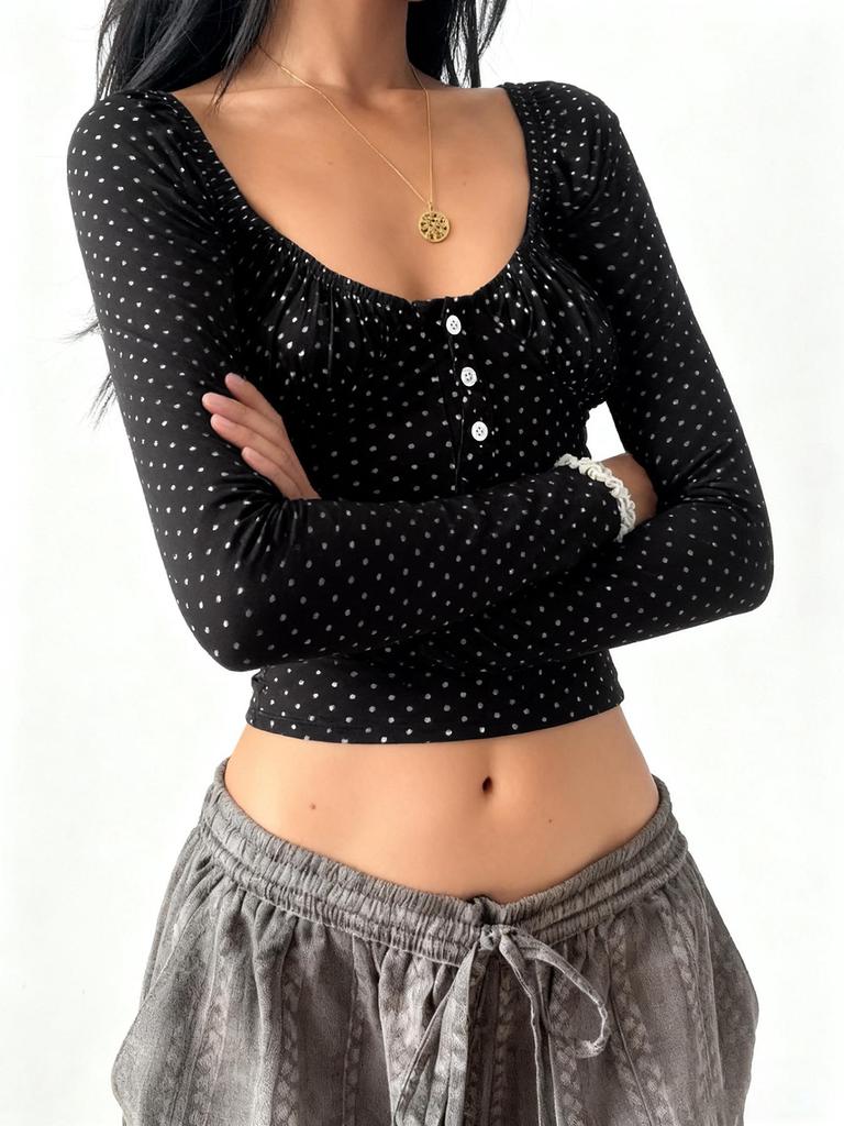 European & American Sweet Polka Dot Puff Sleeve Cropped Top with Button-Up & Round Neck - Slim Fit, Long Sleeve