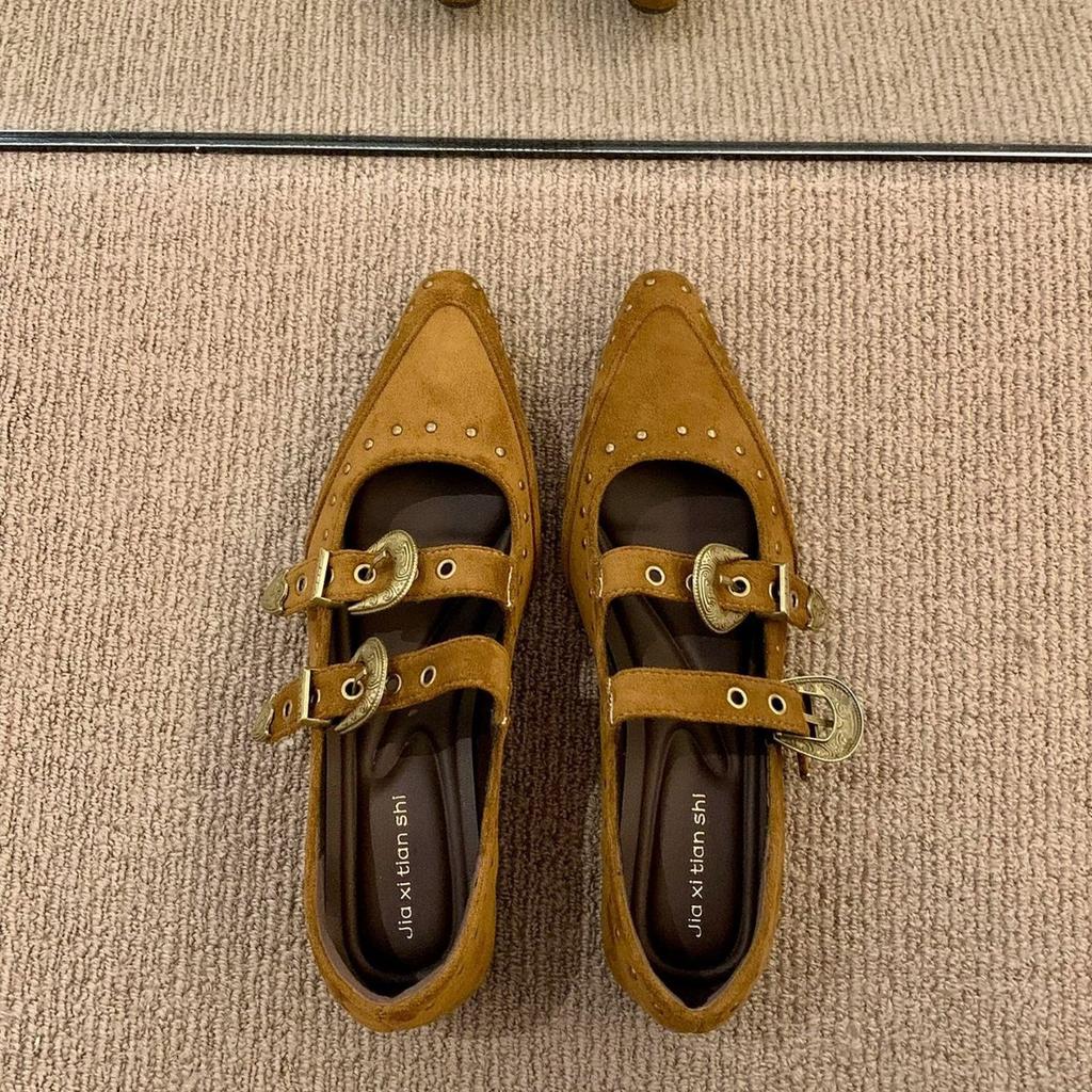 European and American Retro Pointed Flat Bottom Inner Height Increase Soft Leather Mary Jane Shoes Women's Brown Rivets One Word with Shallow Mouth