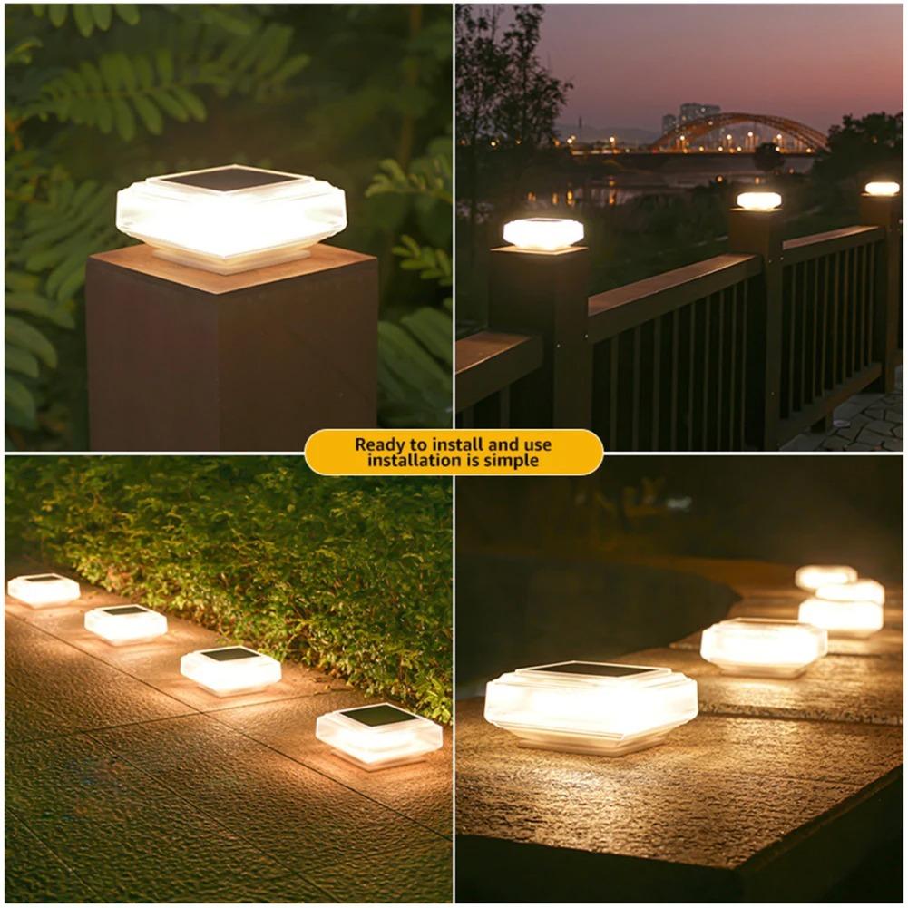 Solar Post Lights Clear Lampshade Waterproof Solar Deck Fence Cap Light Warm Light Outdoor Square Street Lamp For Garden Patio