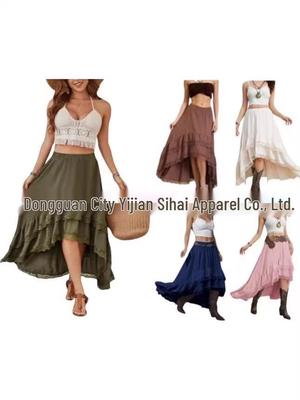 2026 Bohemian Style Printed Waist-Cinched Retro Short Skirt with Elegant Long Lace Design