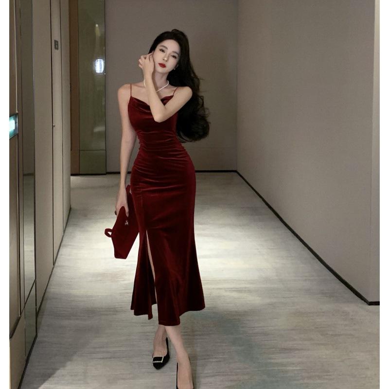 Vintage Sexy Club Prom Red Dresses Women Spaghetti Strap Slit Velvet Dress  Beach Bandage Bodycon Midi Dress Party Elegant  buy the best products in  the Ayzeze online store