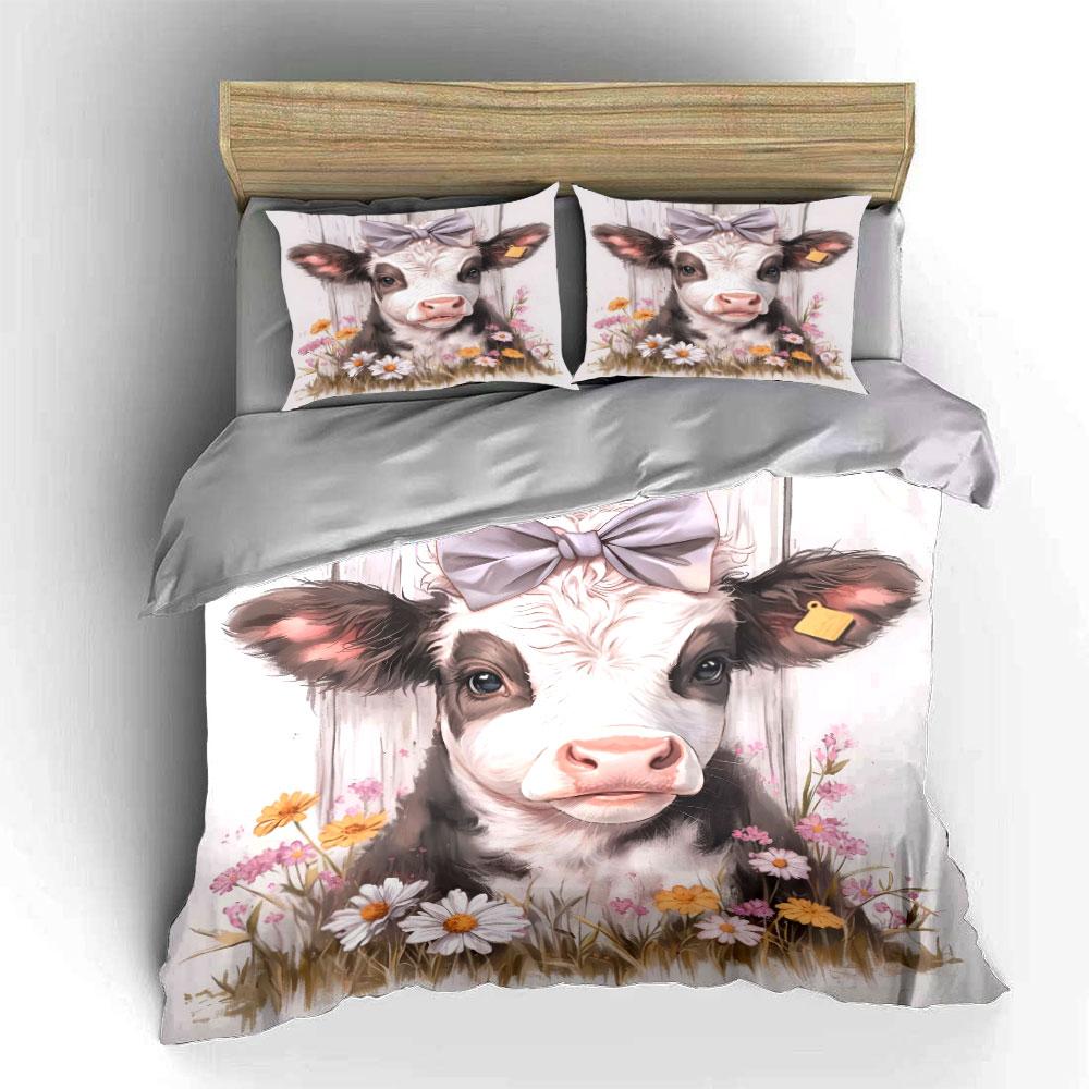 Cute Calf With Floral Decoration Duvet Cover Set With 3D Printing Design Soft Polyester Bedding Set All-Season Comfort