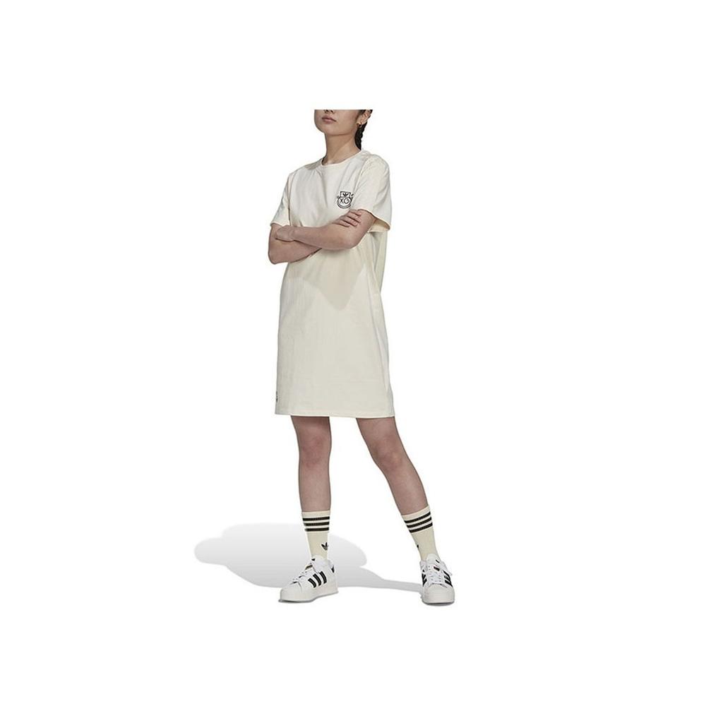 Adidas Originals Clover Logo Print Round Neck Short Sleeve Dress Women Dress White HK5222