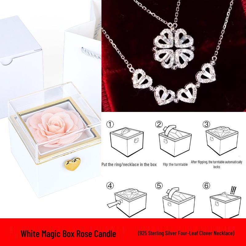 S925 Silver Four-Leaf Clover Necklace In Rotating Surprise Gift Box for Christmas, Valentine's, or Birthday