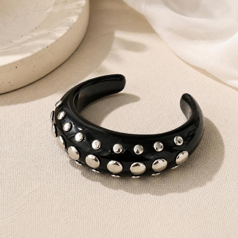 Resin Studded Ring Wide Bangle, Retro Metal Dot Statement Jewelry, Punk Y2K Bold Bracelet Ring for Women Party Daily Outfit