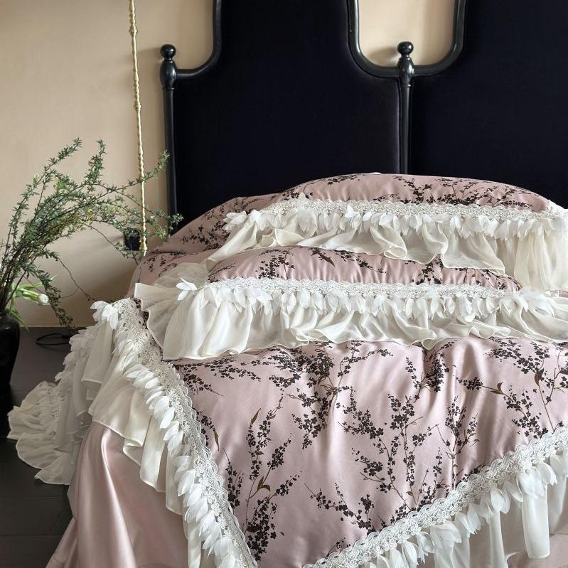 Tencel Cotton Bedding Four-piece Set Medieval Light Luxury Fashion Retro Chiffon Lace Printing Silky Smooth Quilt Cover Sheets