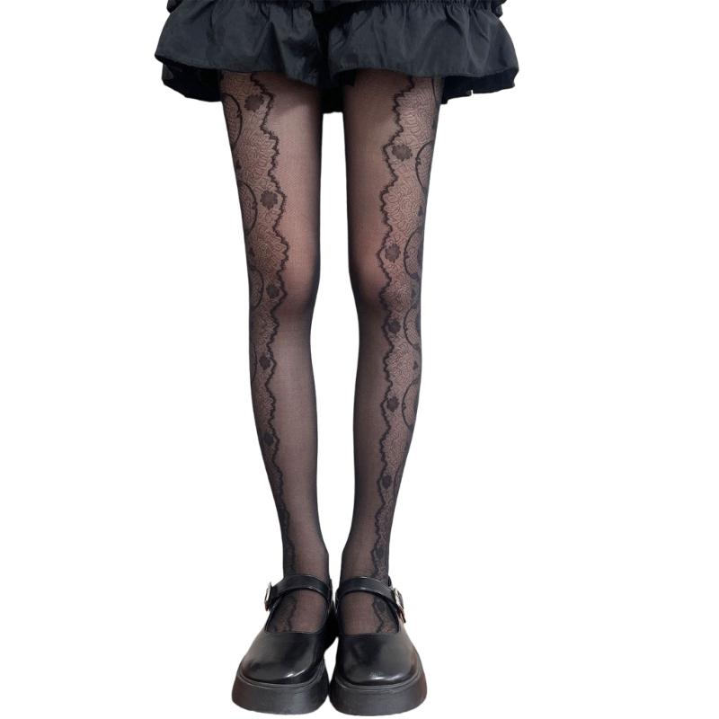 Sheer Mesh Pantyhose Stockings for Women French Elegant Aesthetic Floral Lace Patterned Tights Thin Leggings Hosiery