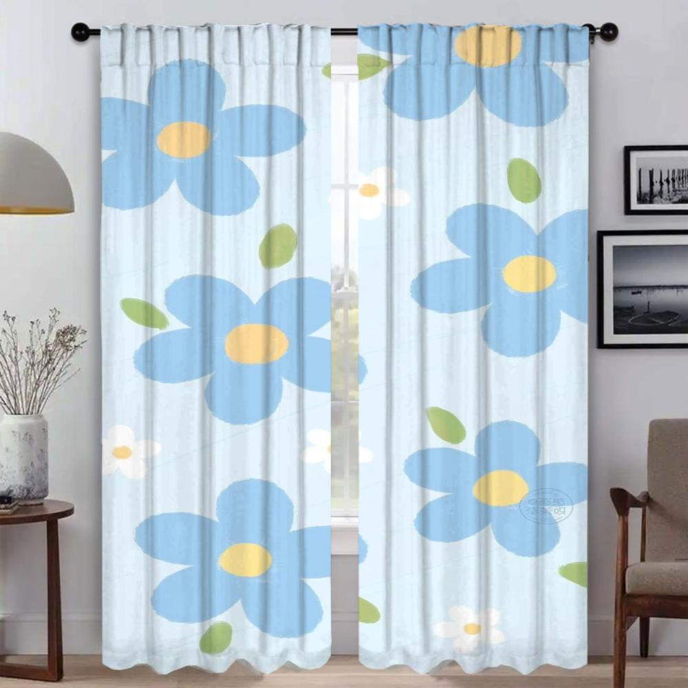 Bug Resistant Curtains Living Room Curtain Cute Flowers Partition Shades Home Interior Tulle Bedroom Set Of 2 Made Polyester Washable Ready