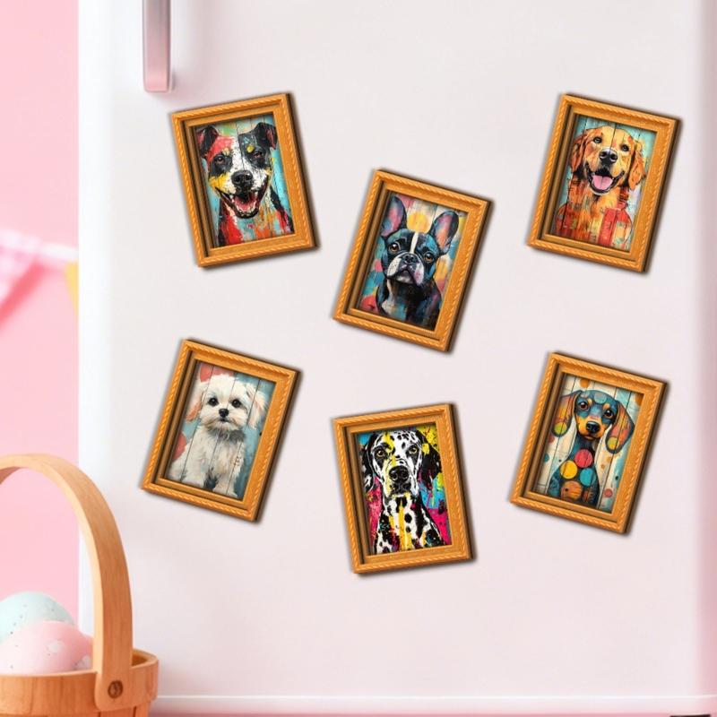 Artistic Dog Themed Refrigerator Magnets Natural Wood Frame Fridge Magnets for Kitchen Decoration