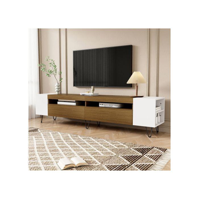 Armoire TV moderne, blanc et aspect bois - longueur 180 cm
