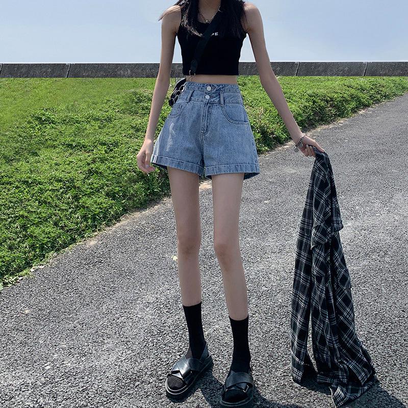 Women's High Waist A-Line Denim Shorts - Slimming, Double Button, Rolled Hem, Wide Leg, Summer Thin Style