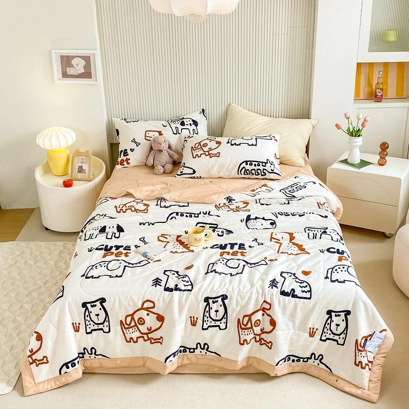 Cartoon Animals Pattern Summer Quilt 100% Cotton Air Conditioning Quilted Quilt Skin-friendly Breathable for Kids Boys Girls