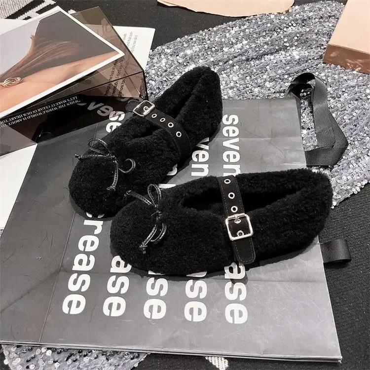 Fashion Autumn Winter Woman Shoe Real Wool Bowtie Decor Shallow Ballet Flat Shoe Women Round Toe Belt Buckle Comfortable Casual Shoe